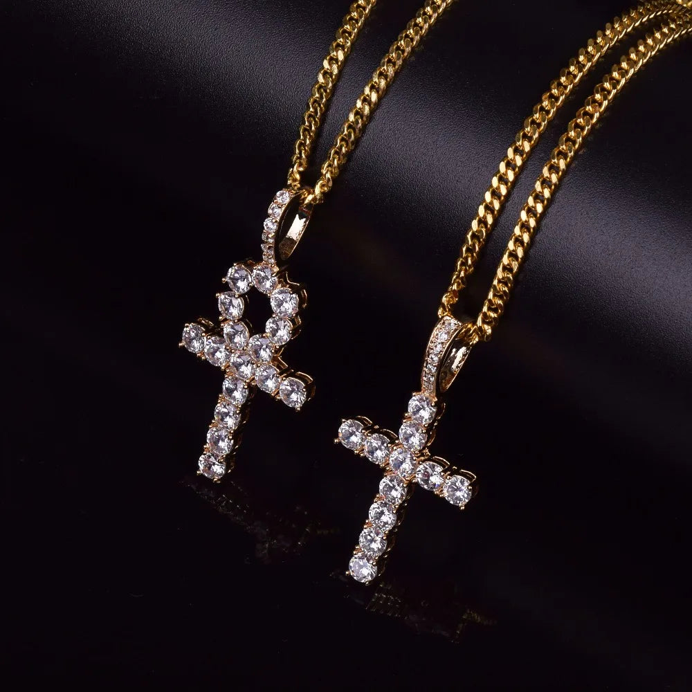 Bubble Letter Ankh Cross Jewelry Set Gold Color Copper Material Men's Women's Hip Hop Jewelry Necklace