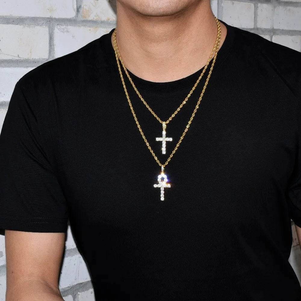 Bubble Letter Ankh Cross Jewelry Set Gold Color Copper Material Men's Women's  Hip Hop Jewelry Necklace