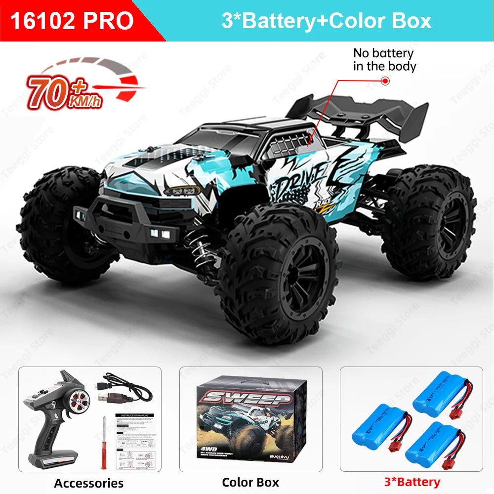 Teeggi 16101 /16102 PRO 1:16 High Speed RC Car With LED Light Drift 70KM/H 4WD RC Off-Road Car Monster Truck Toy For Kid Gifts