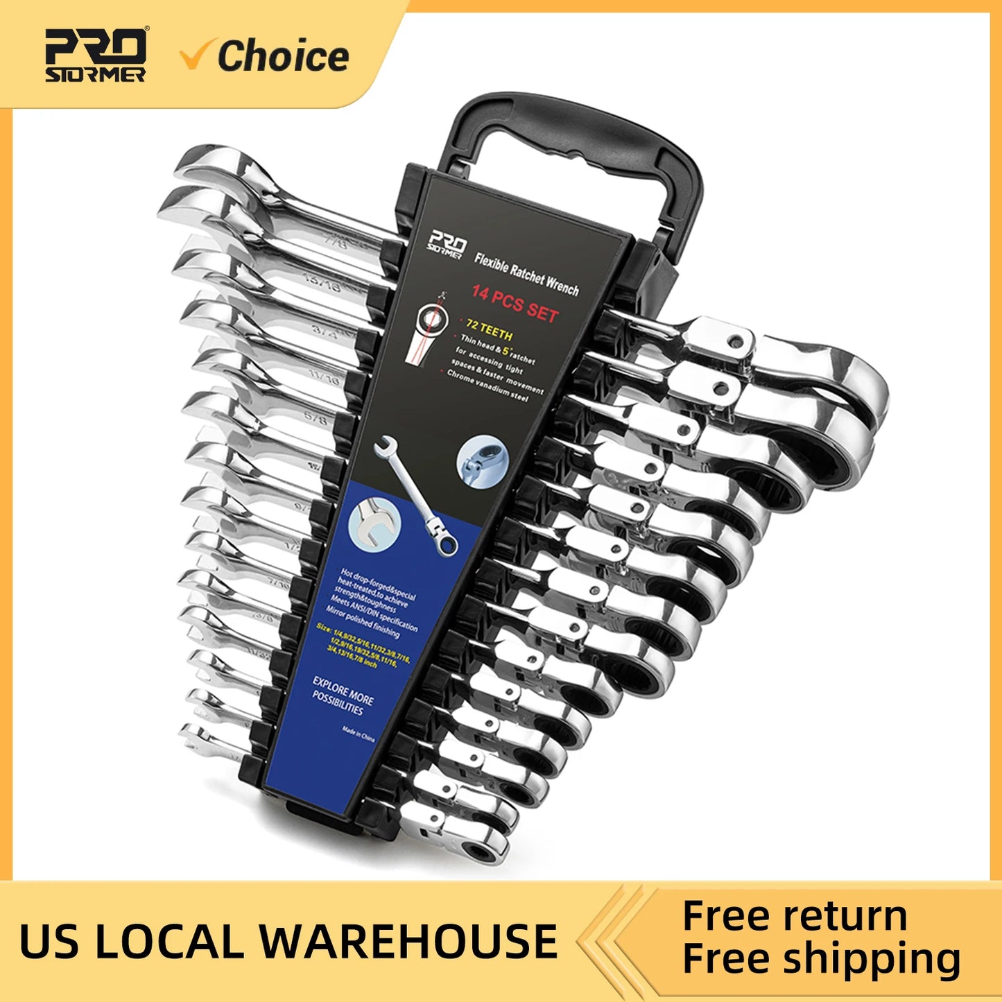 Flex Head Ratcheting Wrench Set SAE1/4"-7/8"14-Piece Chrome Vanadium Steel Combination Wrench Set with Wrench Rack By Prostormer