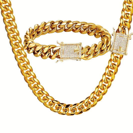 2pcs Miami Cuban Link Chain Set for Men Hip Hop Jewelry 12mm 18K Gold Plated  Stainless Steel Bracelet Necklace Set