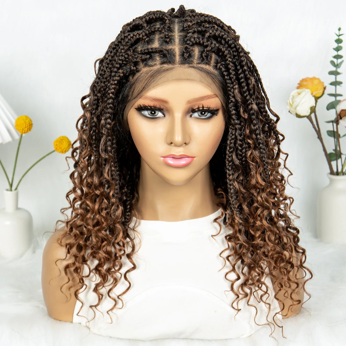Short Boho Bohemian Box Braids Braided Wig Full Lace Boho Braided Wigs Synthetic Curly Hair with Baby Hair for Black Women