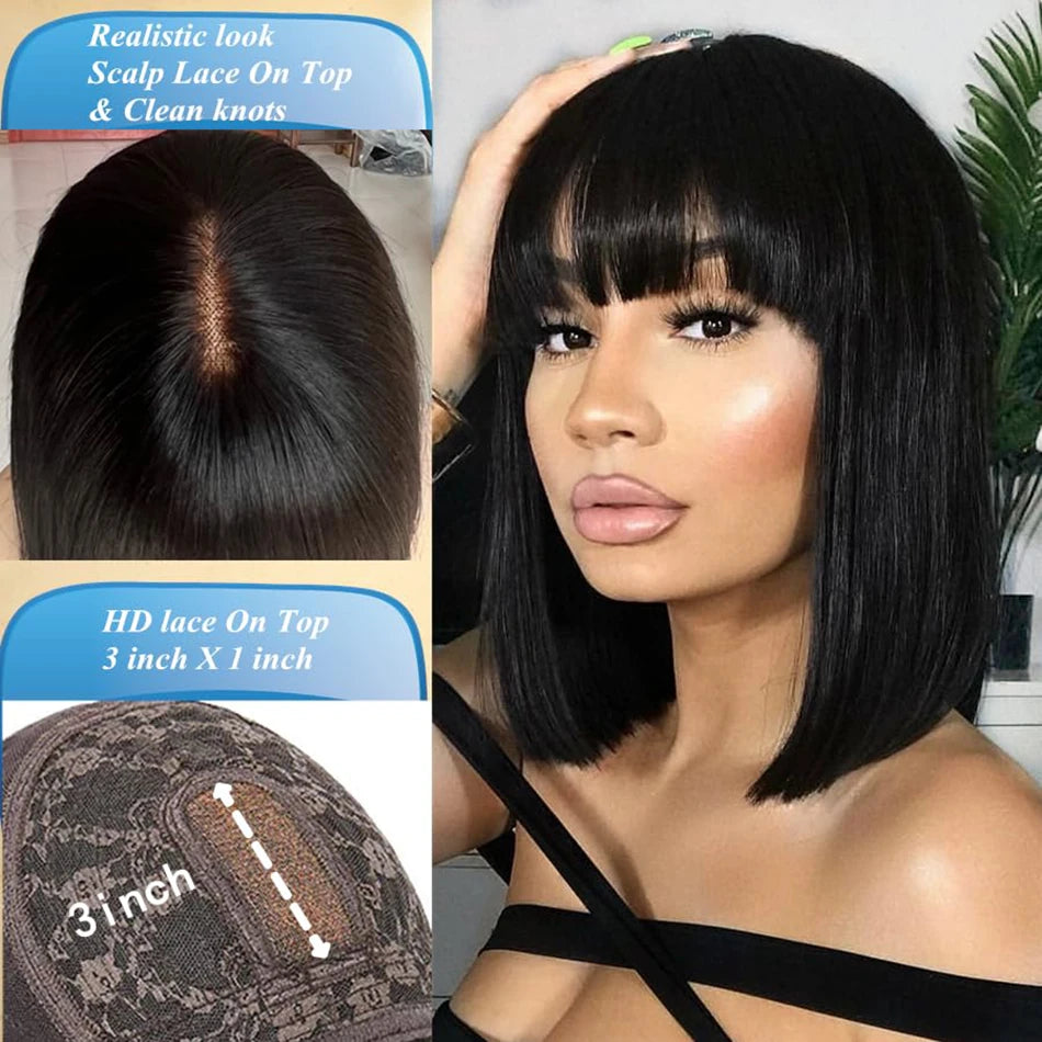 Wiggogo 3X1 Middle Part Lace Wig Bob Wigs Full Machine Made Bone Straight Human Hair Wigs With Bangs Short Bob Human Hair Wigs