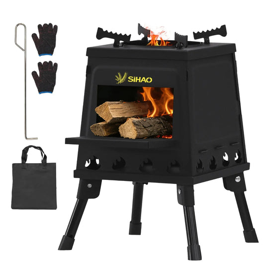 Sihao Wood Stove 220/300mm Carbon Steel Camping Tent Stove with Hook & Gloves for Outdoor Cooking and Heating