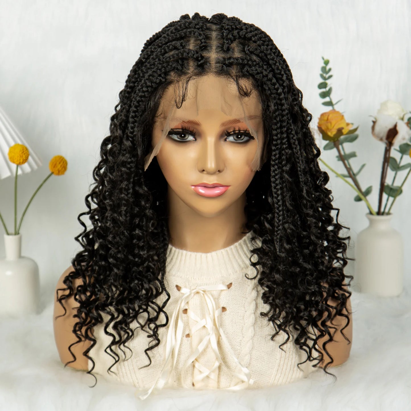 Short Boho Bohemian Box Braids Braided Wig Full Lace Boho Braided Wigs Synthetic Curly Hair with Baby Hair for Black Women
