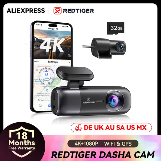 RedTiger F9 Dash Cam 4K Front and Rear WiFi GPS Car Camera