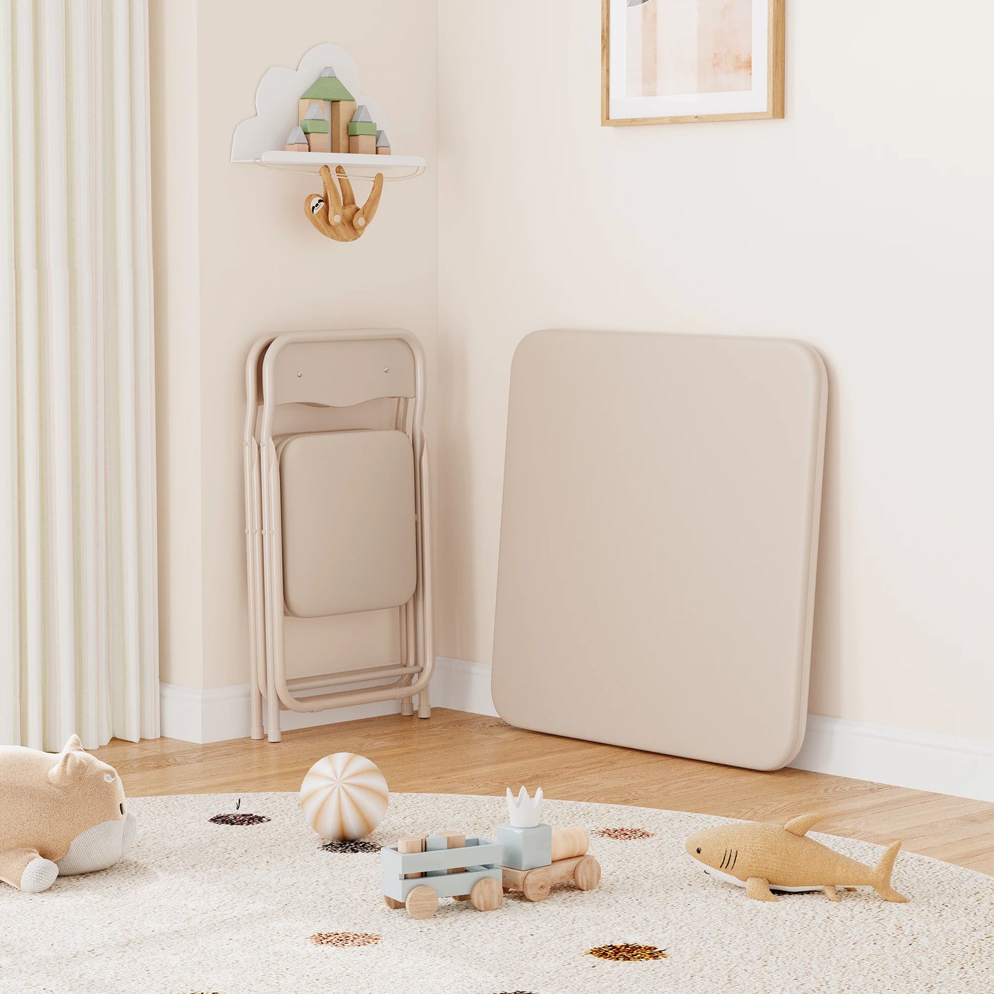 Boys and Girls Folding Table and Chairs Set of 3 Portable Table and Chair with PU Soft Cushion for Eating, Reading and Playing