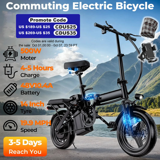LELEKUAI 500W Adult Electric Bike, 20 MPH, 48V 12Ah Removable Battery, 14 Inch Folding Electric Bike, Multi-Shock Absorption