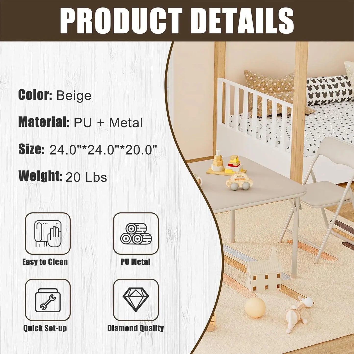 Boys and Girls Folding Table and Chairs Set of 3 Portable Table and Chair with PU Soft Cushion for Eating, Reading and Playing