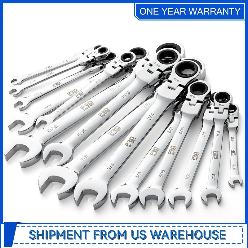 Flex Head Ratcheting Wrench Set SAE1/4"-7/8"14-Piece Chrome Vanadium Steel Combination Wrench Set with Wrench Rack By Prostormer