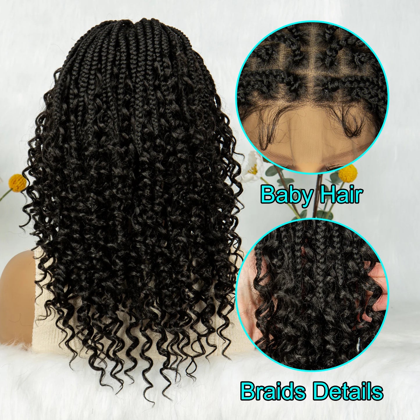 Short Boho Bohemian Box Braids Braided Wig Full Lace Boho Braided Wigs Synthetic Curly Hair with Baby Hair for Black Women