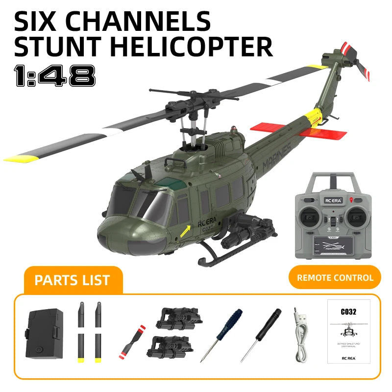 C032 UH-1 brushless RTF RC Helicopter 6-axis Gyroscope One Click 3D Flip Optical flow positioning UH1 helicopter model Hobby Toy